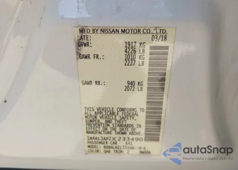 2018 Nissan Altima 2.5 Sr из США, поврежденный, VIN 1N4AL3AP2JC233490